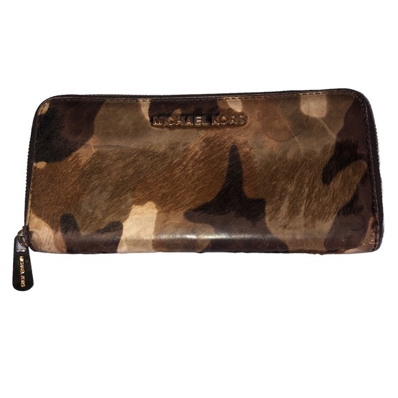 Michael Kors Handbags - Michael Kors Brown MultiColor Calf Hair Leather Trim Camo Zip Around Wallet